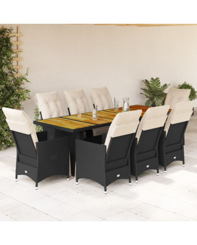 Ensemble de bistro de jardin 9 pcs coussins noir poly rotin | Mobilier & Déco