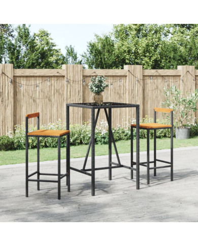 Ensemble de bar jardin 3 pcs noir poly rotin/bois massif acacia | Mobilier & Déco