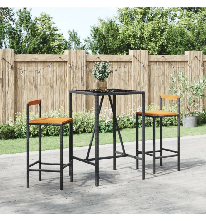 Ensemble de bar jardin 3 pcs noir poly rotin/bois massif acacia | Mobilier & Déco