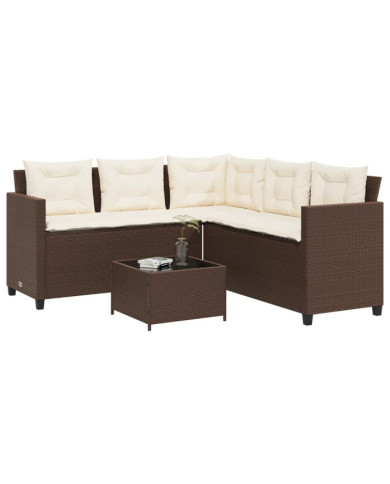 Canapé de jardin avec table et coussins en forme de L marron | Mobilier & Déco
