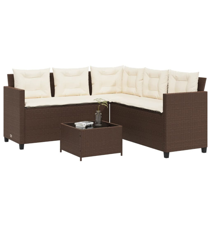 Canapé de jardin avec table et coussins en forme de L marron | Mobilier & Déco