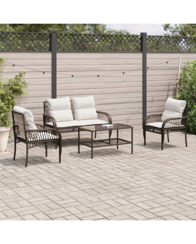 Salon de jardin 4 pcs avec coussins marron résine tressée | Mobilier & Déco