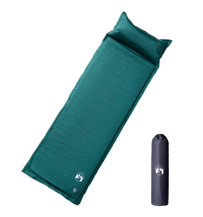 Matelas de camping autogonflant avec oreiller 1 personne vert | Mobilier & Déco