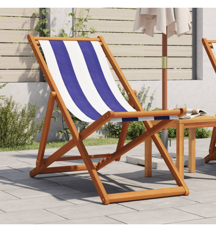 Chaise de plage pliable bleu et blanc bois d'eucalyptus/tissu | Mobilier & Déco