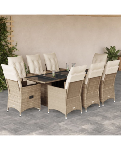 Ensemble à manger de jardin et coussins 9 pcs beige Poly rotin | Mobilier & Déco
