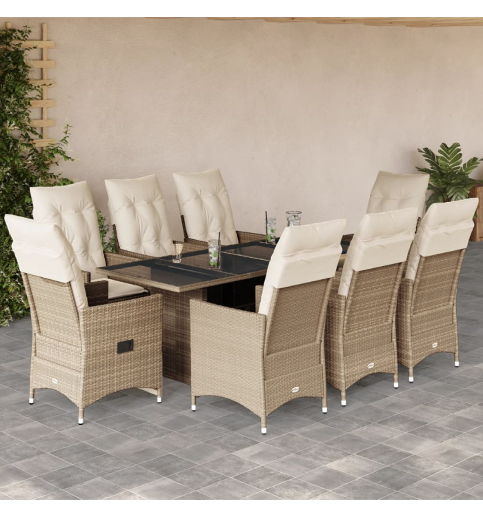 Ensemble à manger de jardin et coussins 9 pcs beige Poly rotin | Mobilier & Déco