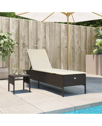 Chaise longue avec table et coussin marron résine tressée | Mobilier & Déco