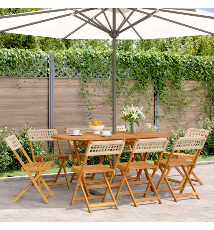 Chaises de jardin pliantes lot de 8 beige rotin et bois massif | Mobilier & Déco
