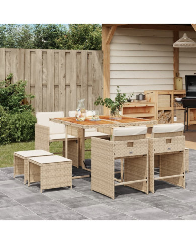 Ensemble à manger de jardin et coussins 9 pcs beige Poly rotin | Mobilier & Déco