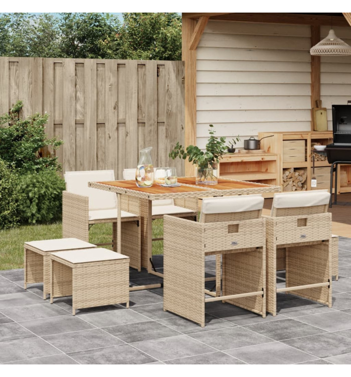 Ensemble à manger de jardin et coussins 9 pcs beige Poly rotin | Mobilier & Déco