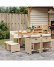 Ensemble à manger de jardin et coussins 9 pcs beige Poly rotin | Mobilier & Déco