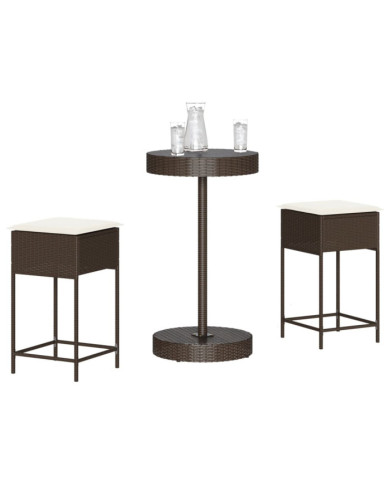 Ensemble de bar de jardin 3 pcs et coussins brun résine tressée | Mobilier & Déco