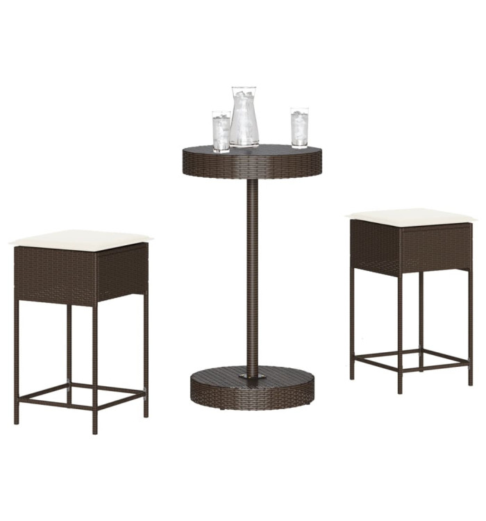 Ensemble de bar de jardin 3 pcs et coussins brun résine tressée | Mobilier & Déco