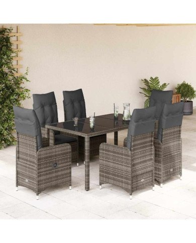 Ensemble de bistro de jardin 7 pcs coussins gris poly rotin | Mobilier & Déco