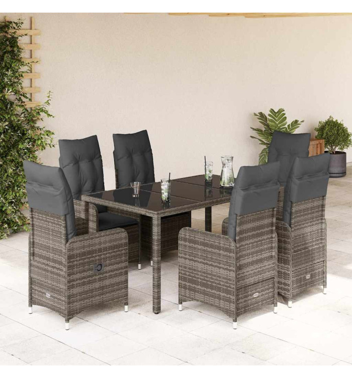 Ensemble de bistro de jardin 7 pcs coussins gris poly rotin | Mobilier & Déco
