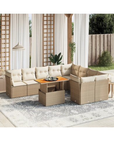 Salon de jardin avec coussins 10 pcs beige résine tressée | Mobilier & Déco
