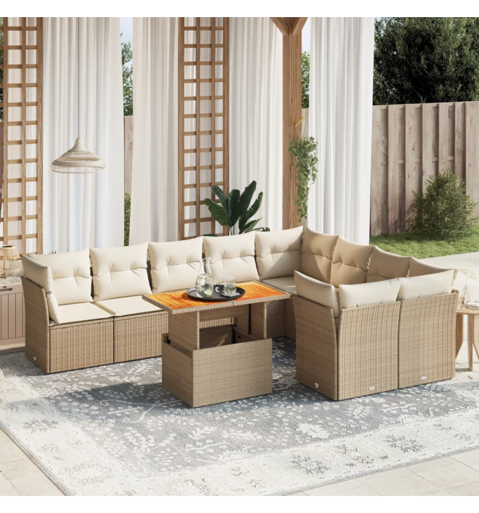 Salon de jardin avec coussins 10 pcs beige résine tressée | Mobilier & Déco