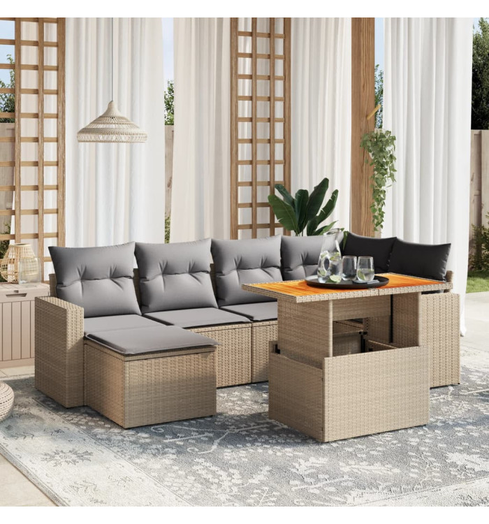 Salon de jardin avec coussins 7 pcs beige résine tressée | Mobilier & Déco