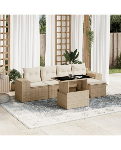 Salon de jardin avec coussins 6 pcs beige résine tressée | Mobilier & Déco