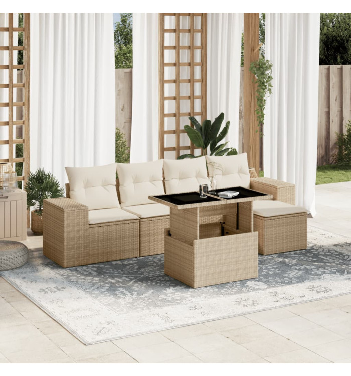 Salon de jardin avec coussins 6 pcs beige résine tressée | Mobilier & Déco