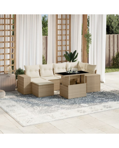 Salon de jardin avec coussins 7 pcs beige résine tressée | Mobilier & Déco