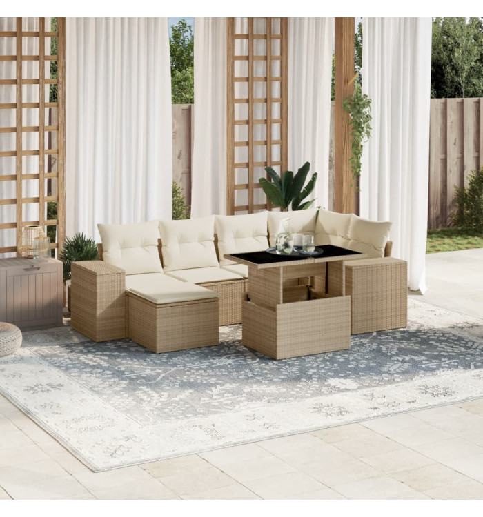 Salon de jardin avec coussins 7 pcs beige résine tressée | Mobilier & Déco