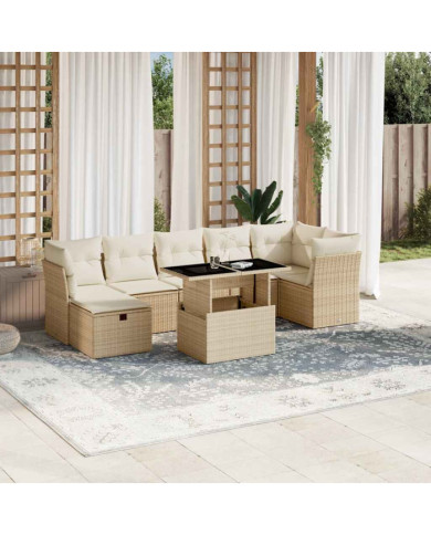 Salon de jardin avec coussins 8 pcs beige résine tressée | Mobilier & Déco