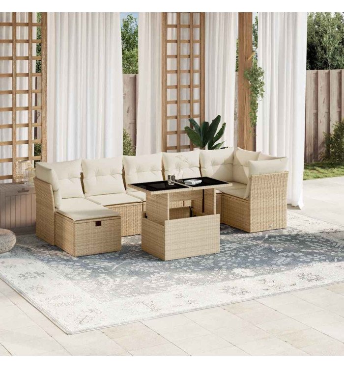 Salon de jardin avec coussins 8 pcs beige résine tressée | Mobilier & Déco