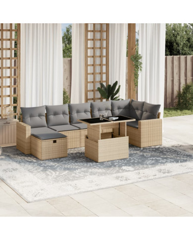 Salon de jardin avec coussins 8 pcs beige résine tressée | Mobilier & Déco