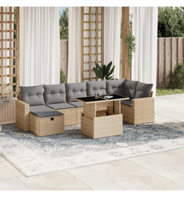 Salon de jardin avec coussins 8 pcs beige résine tressée | Mobilier & Déco