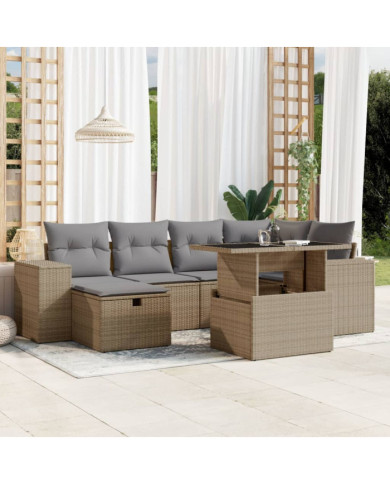 Salon de jardin avec coussins 7 pcs beige résine tressée | Mobilier & Déco