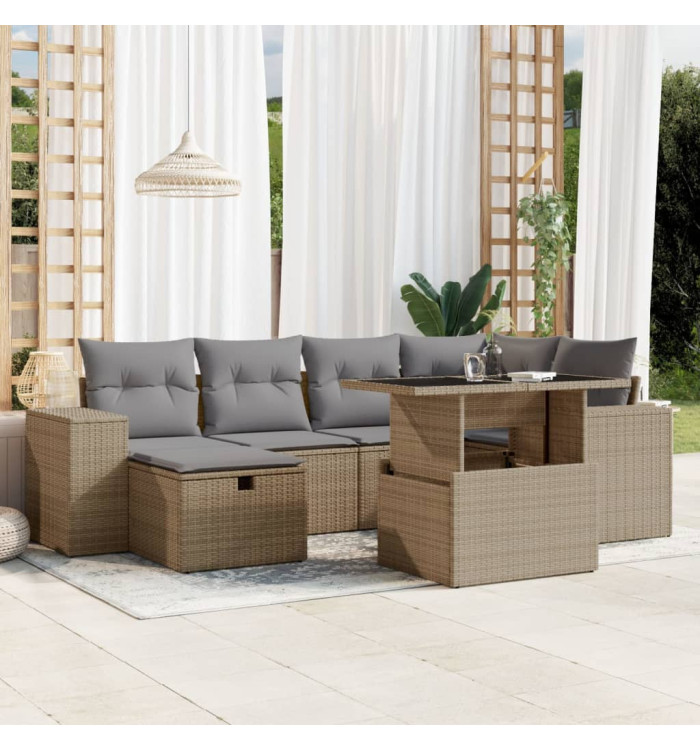 Salon de jardin avec coussins 7 pcs beige résine tressée | Mobilier & Déco