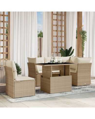 Salon de jardin avec coussins 6 pcs beige résine tressée | Mobilier & Déco