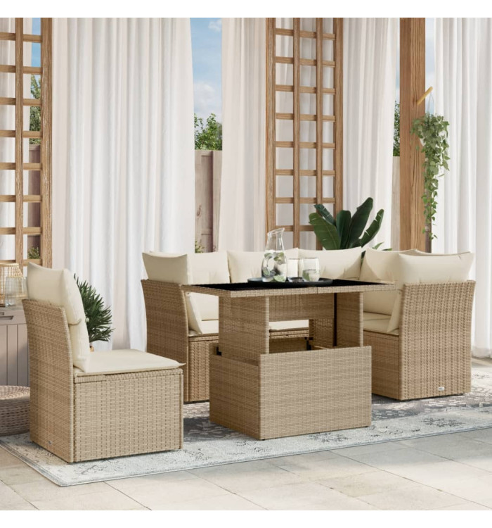 Salon de jardin avec coussins 6 pcs beige résine tressée | Mobilier & Déco