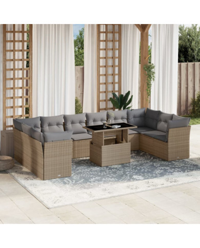 Salon de jardin 11 pcs avec coussins beige résine tressée | Mobilier & Déco