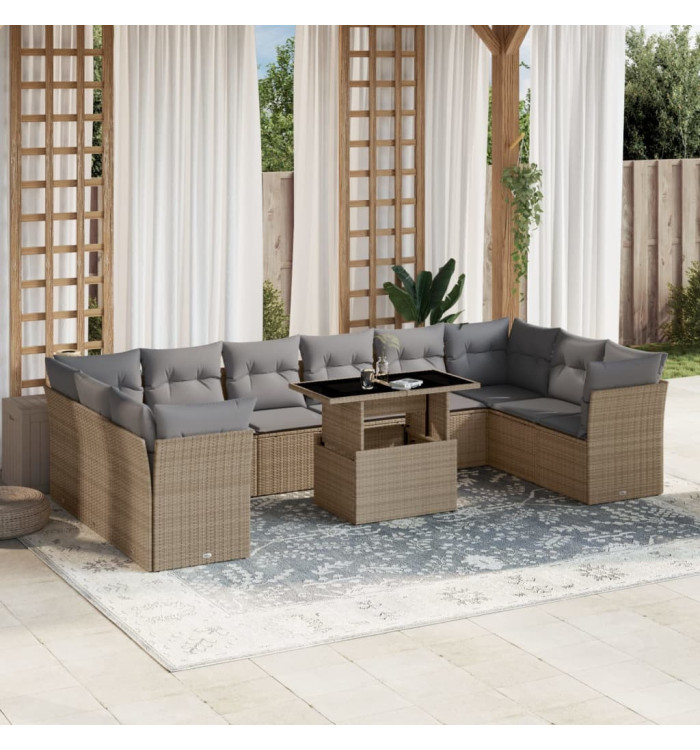 Salon de jardin 11 pcs avec coussins beige résine tressée | Mobilier & Déco