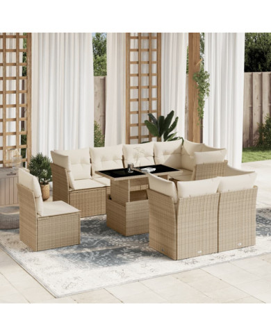 Salon de jardin avec coussins 9 pcs beige résine tressée | Mobilier & Déco