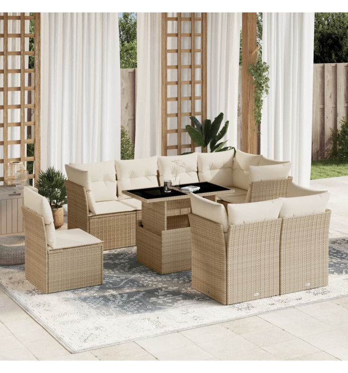 Salon de jardin avec coussins 9 pcs beige résine tressée | Mobilier & Déco