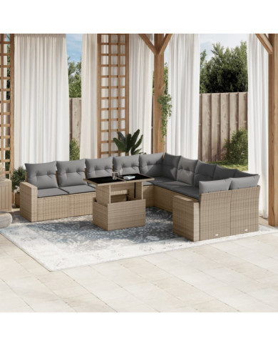 Salon de jardin 11 pcs avec coussins beige résine tressée | Mobilier & Déco