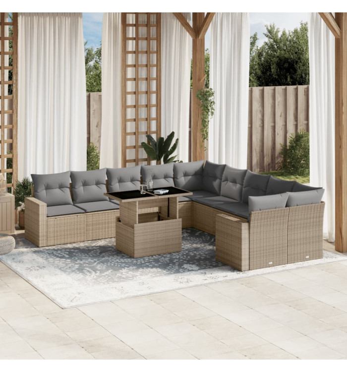 Salon de jardin 11 pcs avec coussins beige résine tressée | Mobilier & Déco