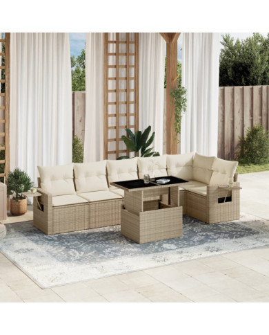 Salon de jardin avec coussins 7 pcs beige résine tressée | Mobilier & Déco