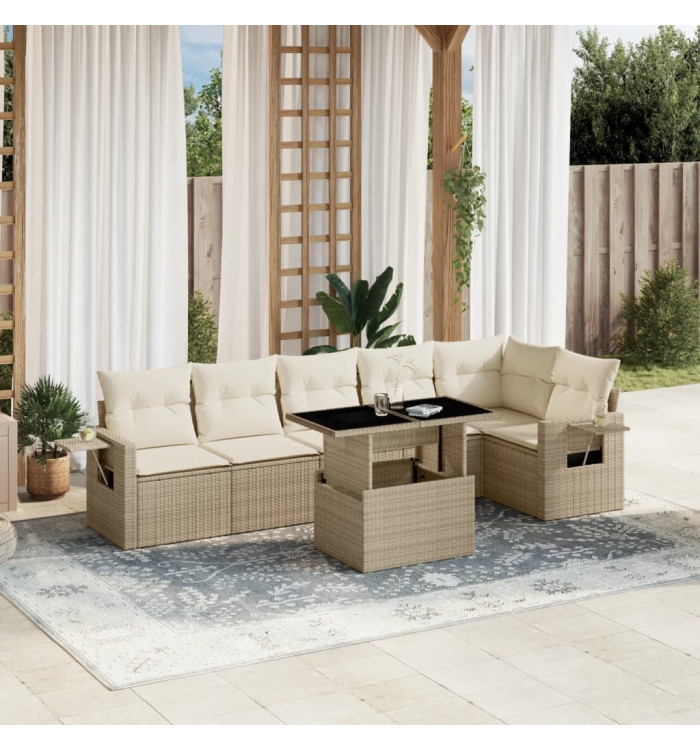 Salon de jardin avec coussins 7 pcs beige résine tressée | Mobilier & Déco