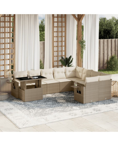 Salon de jardin avec coussins 10 pcs beige résine tressée | Mobilier & Déco