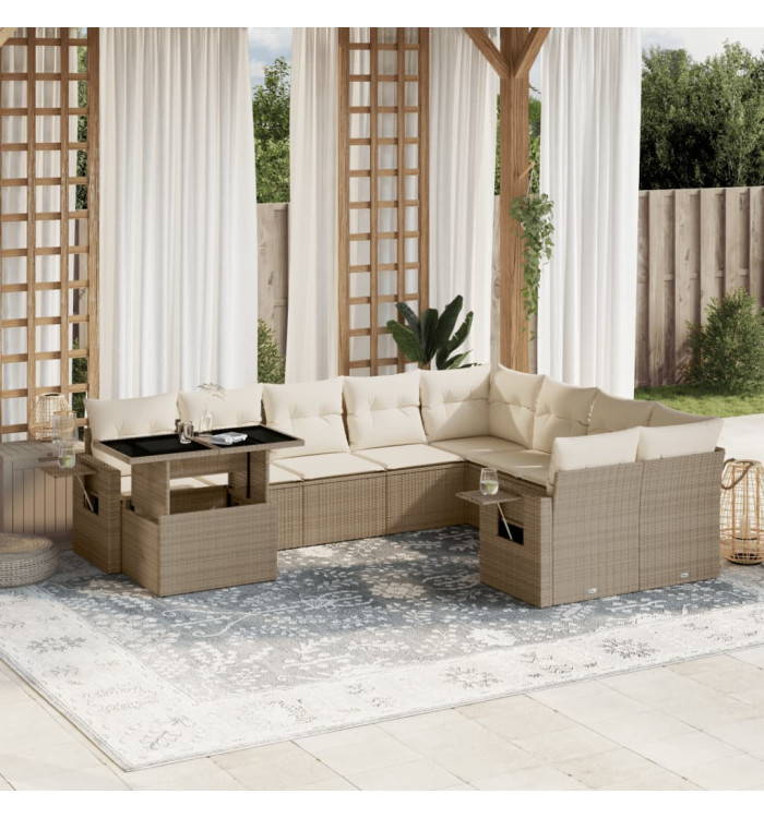 Salon de jardin avec coussins 10 pcs beige résine tressée | Mobilier & Déco