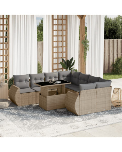 Salon de jardin avec coussins 9 pcs beige résine tressée | Mobilier & Déco