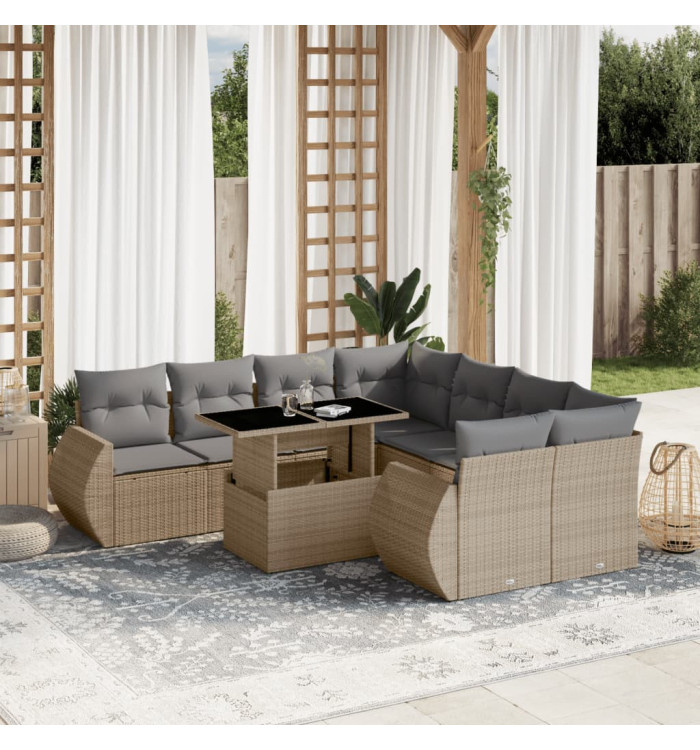 Salon de jardin avec coussins 9 pcs beige résine tressée | Mobilier & Déco