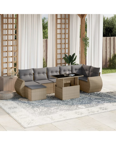 Salon de jardin avec coussins 8 pcs beige résine tressée | Mobilier & Déco