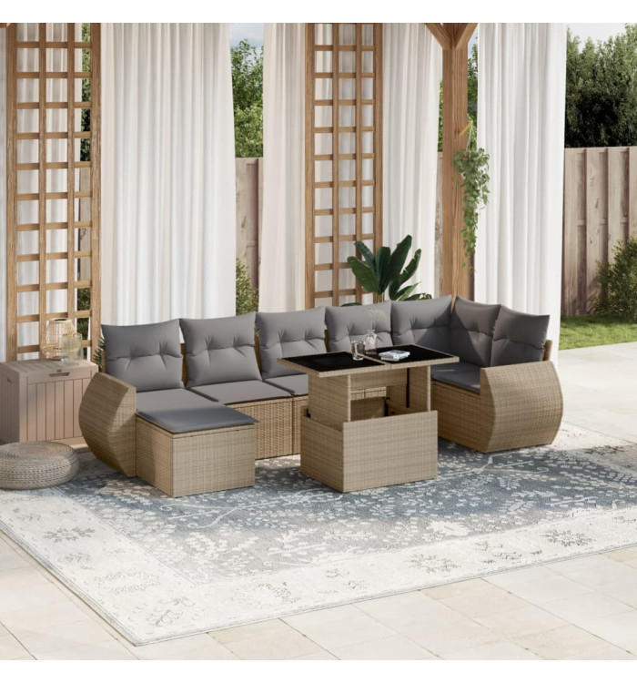 Salon de jardin avec coussins 8 pcs beige résine tressée | Mobilier & Déco