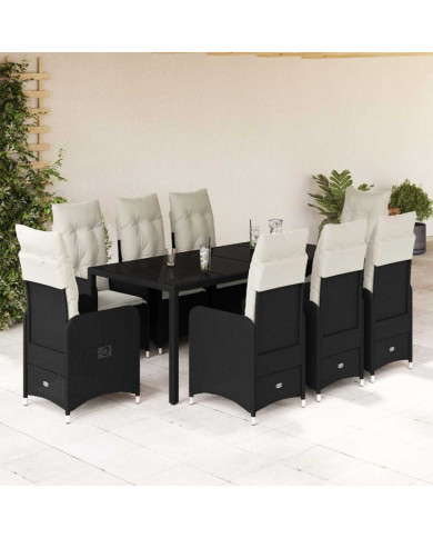 Ensemble de bistro de jardin 9 pcs coussins noir poly rotin | Mobilier & Déco