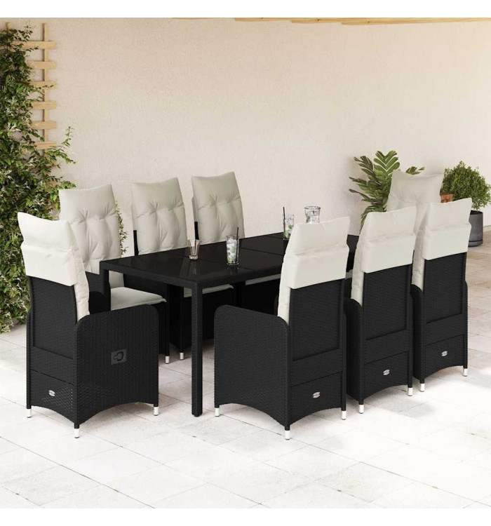 Ensemble de bistro de jardin 9 pcs coussins noir poly rotin | Mobilier & Déco